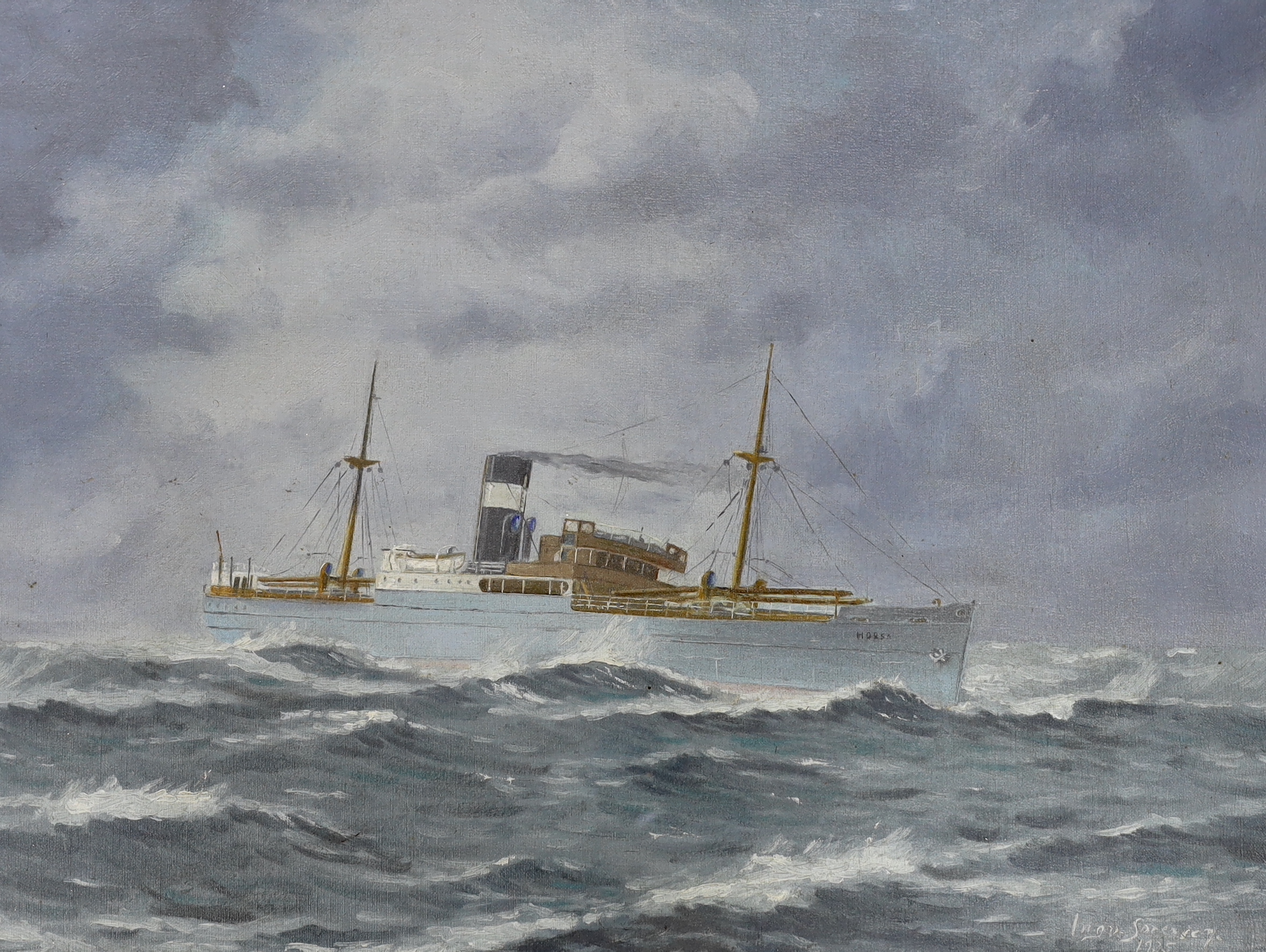 Ingu Sorensen, oil on canvas board, Steam yacht 'Horsa' at sea, signed and dated 1935, 51 x 68cm